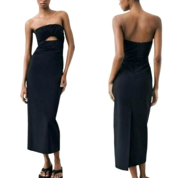 Zara Strapless Midi Dress With Cut-out Detail Black Size S 8342/220 - Picture 1 of 7